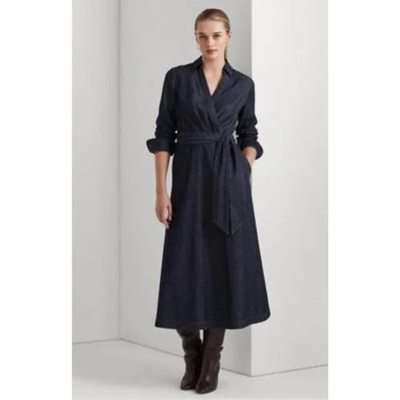 Lauren Ralph Lauren Women Surplice Georgette Midi Dress Dark Rinse Size 10 - Picture 1 of 3